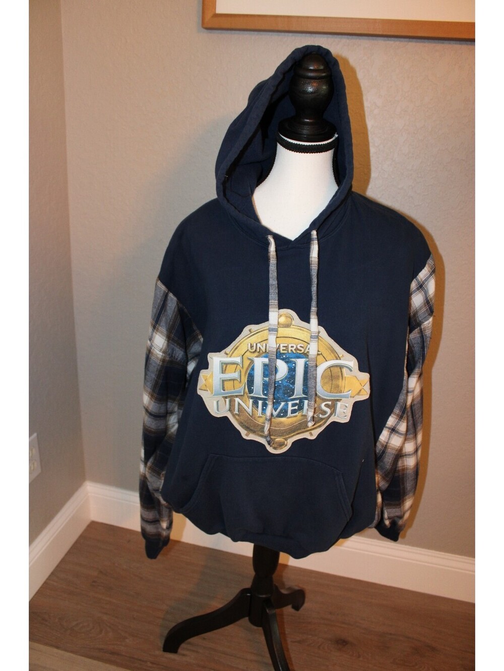 Universal Epic Universe Navy Blue Hoodie with Plaid Sleeves, Size Large